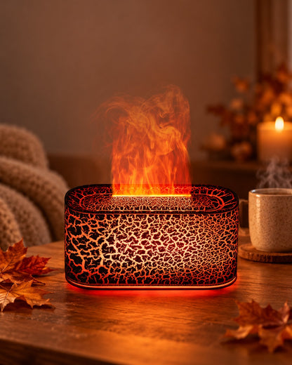 Diffuseur effet flamme Lave allumé sur une table en bois, ambiance automne
