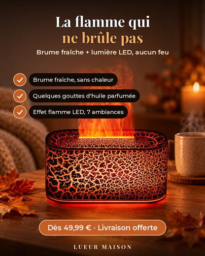 La flamme qui ne brûle pas : brume fraîche et lumière LED