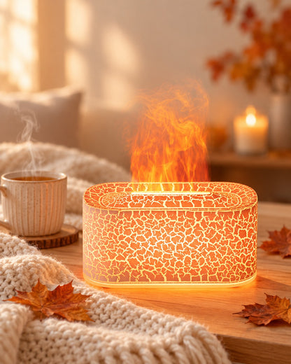 Diffuseur effet flamme Givre allumé près d'un plaid, ambiance cocooning